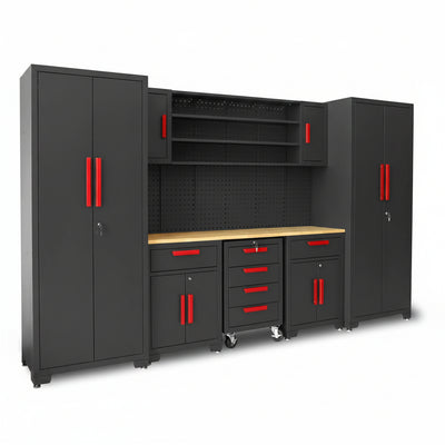Garage Storage Cabinets System, 8-Pcs Workshop Cabinet Set in Black | Included Steel Cabinets Drawers Rolling Chest and Pegboard,Locked Garage Storage Cabinet