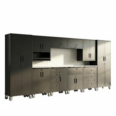 10-Piece Heavy Duty Steel Garage Cabinet System | All-In-One Modular Garage Cabinet Set for Ultimate Workshop Organization | Easy Assembly Garage Storage Cabinets & Tool Bench (Black)