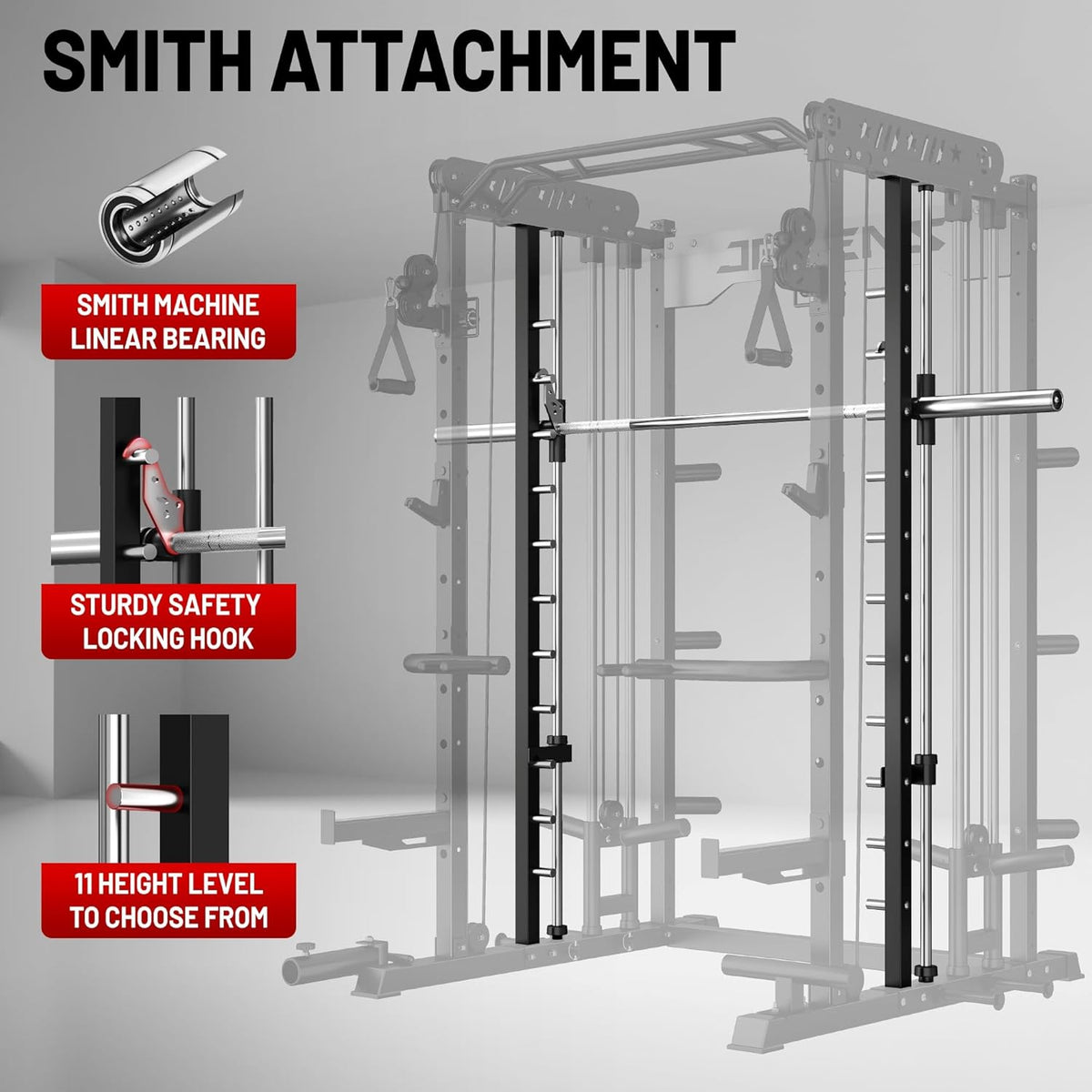 Smith Machine for Home Gym, Multi-Function M12 Power Cage with Cable Crossover System, Squat Rack with Smith Bar and More Attachment