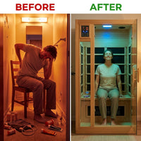 1 Person Extendable FAR Infrared Sauna for Home, Hemlock Wood Low EMF 6 Carbon Heaters Indoor Saunas with LED Lights, Bluetooth Speaker, Digital Control Panel, and Seating Bench — Before & After