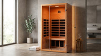 1 Person Extendable FAR Infrared Sauna for Home, Hemlock Wood Low EMF 6 Carbon Heaters Indoor Saunas with LED Lights, Bluetooth Speaker, Digital Control Panel, and Seating Bench — Lifestyle