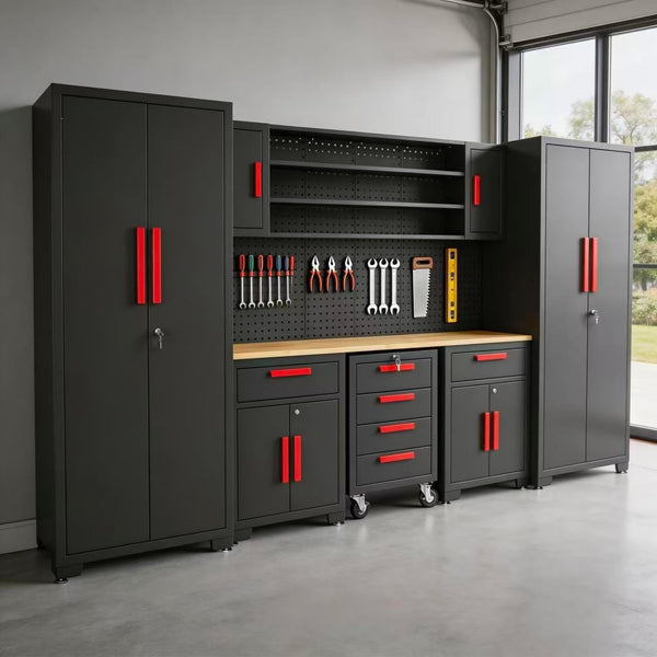 Garage Storage Cabinets System, 8-Pcs Workshop Cabinet Set in Black | Included Steel Cabinets Drawers Rolling Chest and Pegboard,Locked Garage Storage Cabinet