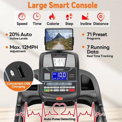 12MPH Folding Treadmill with 20% Auto Incline, 300-400 LB Capacity, Treadmills for Home Running Walking, 5.1HP Brushless Motor, Foldable Electric Treadmill Running Machine with APP & Bluetooth