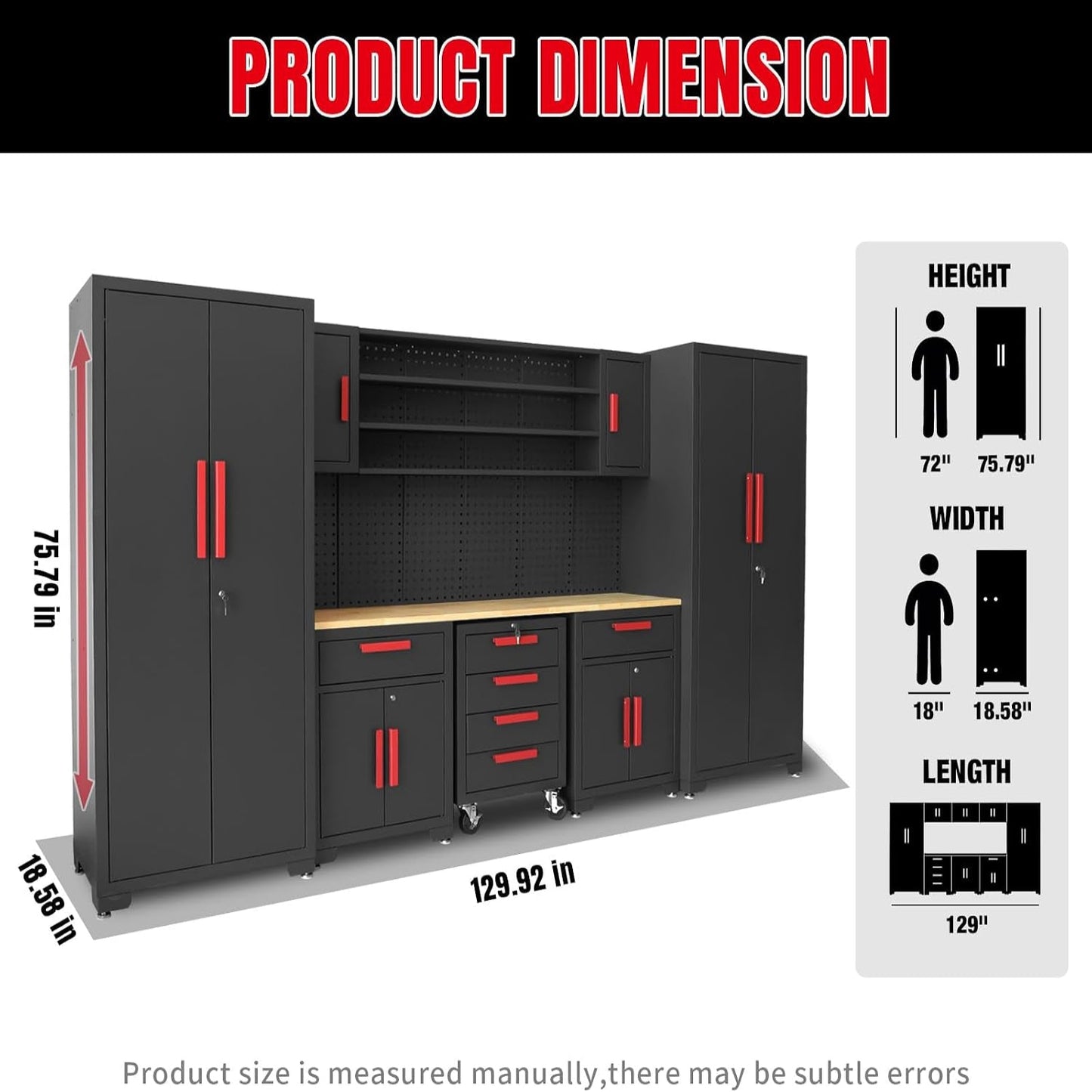 Garage Storage Cabinets System, 8-Pcs Workshop Cabinet Set in Black | Included Steel Cabinets Drawers Rolling Chest and Pegboard,Locked Garage Storage Cabinet