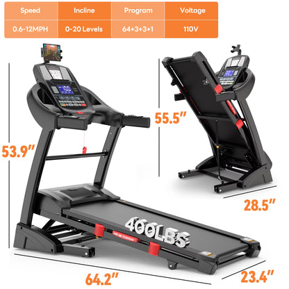 12MPH Folding Treadmill with 20% Auto Incline, 300-400 LB Capacity, Treadmills for Home Running Walking, 5.1HP Brushless Motor, Foldable Electric Treadmill Running Machine with APP & Bluetooth