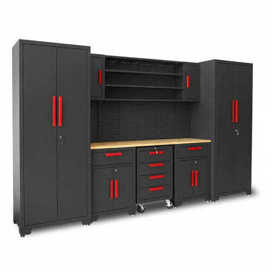 Garage Storage Cabinets System, 8-Pcs Workshop Cabinet Set in Black | Included Steel Cabinets Drawers Rolling Chest and Pegboard,Locked Garage Storage Cabinet