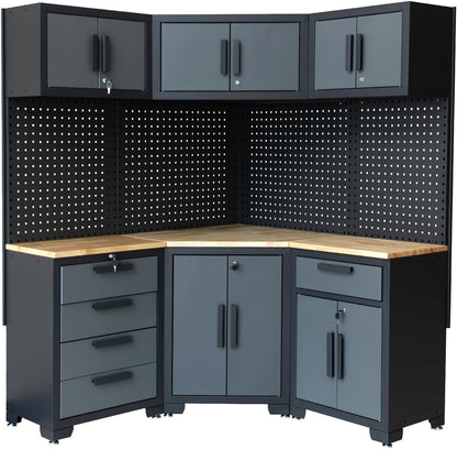 Garage Storage Cabinet System - 8-Piece Set with Corner Cabinet, Drawers, Workbench, Pegboard for Tool Organization - Black and Grey