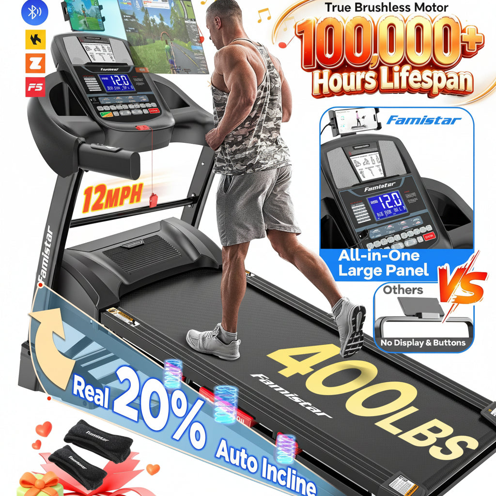 12MPH Folding Treadmill with 20% Auto Incline, 300-400 LB Capacity, Treadmills for Home Running Walking, 5.1HP Brushless Motor, Foldable Electric Treadmill Running Machine with APP & Bluetooth