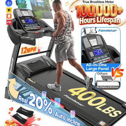 12MPH Folding Treadmill with 20% Auto Incline, 300-400 LB Capacity, Treadmills for Home Running Walking, 5.1HP Brushless Motor, Foldable Electric Treadmill Running Machine with APP & Bluetooth
