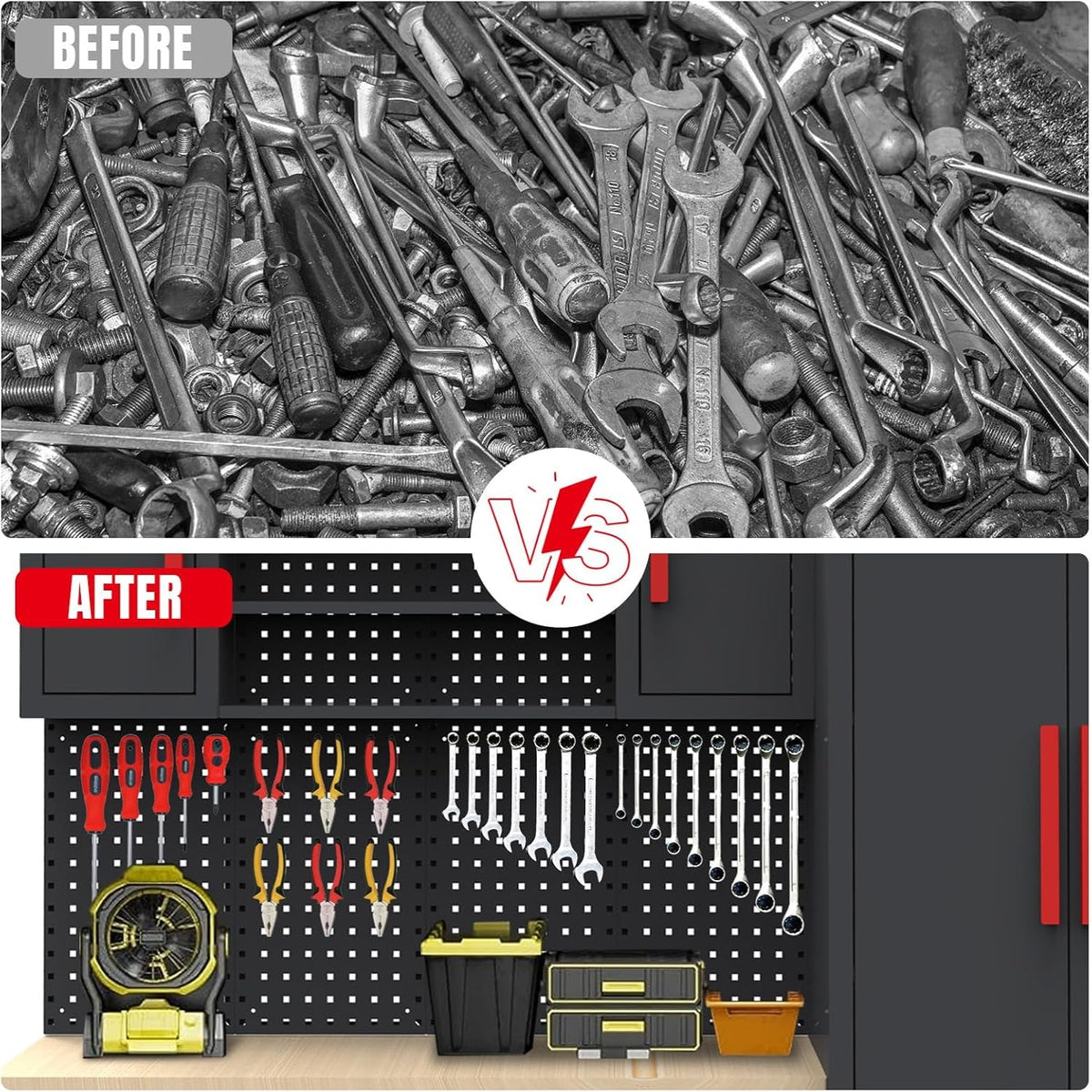 Garage Storage Cabinets System, 8-Pcs Workshop Cabinet Set in Black | Included Steel Cabinets Drawers Rolling Chest and Pegboard,Locked Garage Storage Cabinet