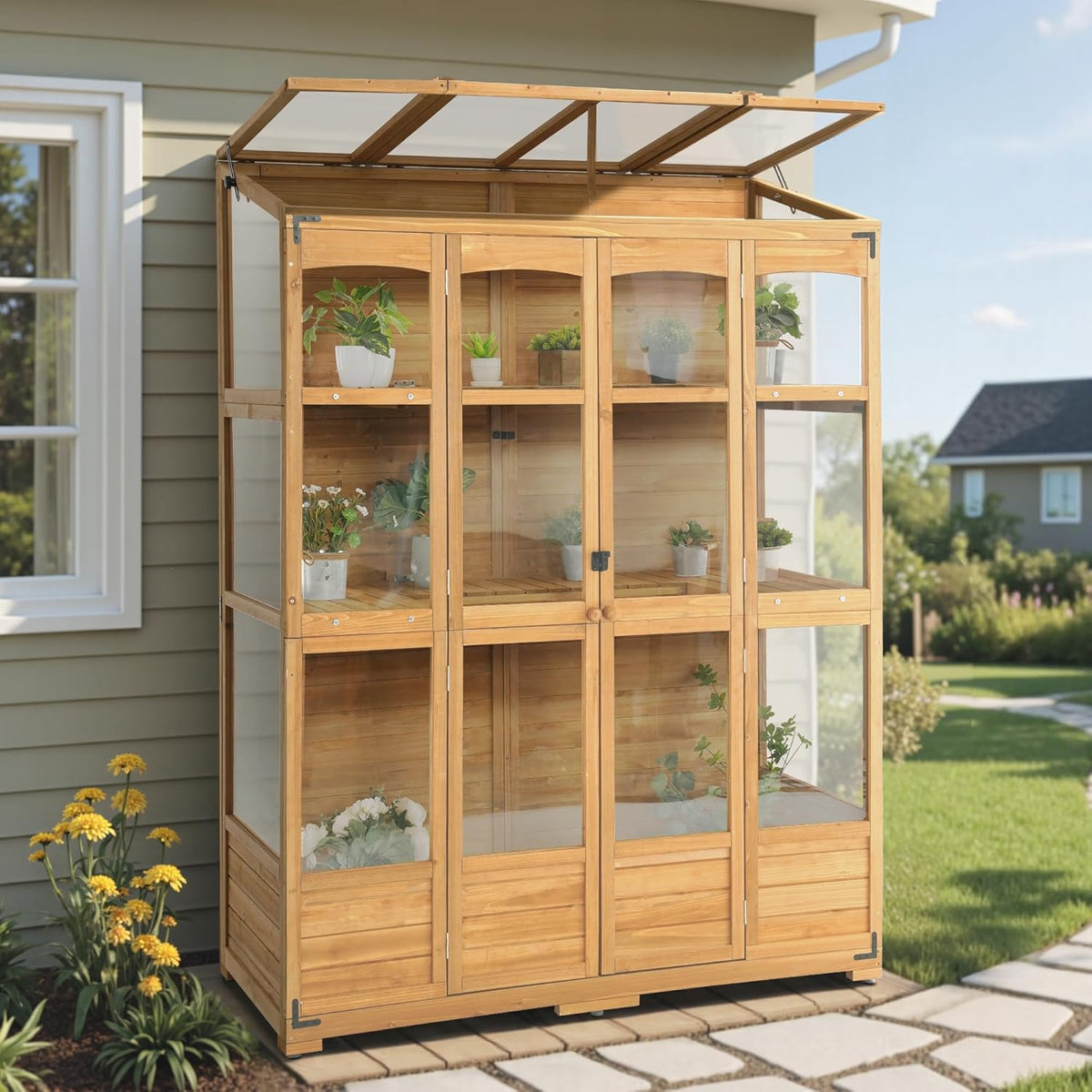 MCombo Wooden Greenhouse, Walk-in Outdoor Greenhouse with Openable Roof and Lockable Door, 0899 (Natural)