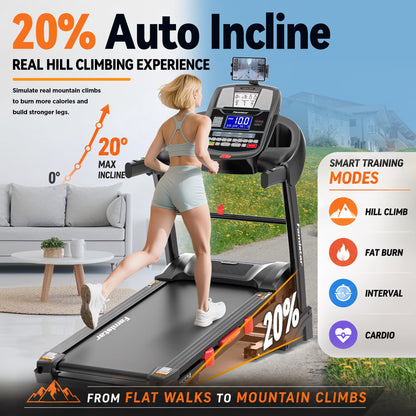 12MPH Folding Treadmill with 20% Auto Incline, 300-400 LB Capacity, Treadmills for Home Running Walking, 5.1HP Brushless Motor, Foldable Electric Treadmill Running Machine with APP & Bluetooth