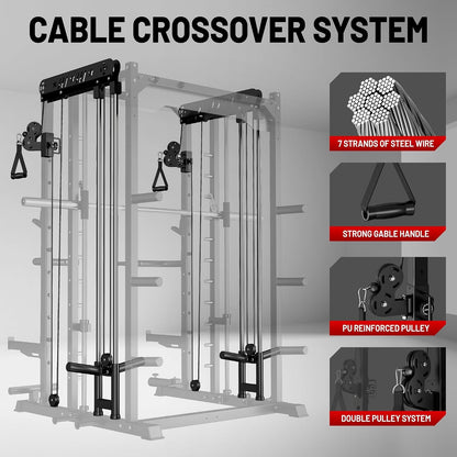 Smith Machine for Home Gym, Multi-Function M12 Power Cage with Cable Crossover System, Squat Rack with Smith Bar and More Attachment