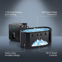 Cold Plunge Tub, 248 Gallon, 1 Horsepower, Heavy-Duty Ice Bath Tub for Athletes with Hot & Cold, Portable Inflatable Plunge Chiller with Water Treatment Kit, Immersion Therapy, Wifi (Black, 1 Set) — infographic