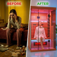 Full Spectrum Infrared Sauna，1-2 Person Home Sauna，Wooden Canadian Hemlock Indoor Spa Sauna with Resonance Speaker, Panoramic Tempered Glass Door — Before & After