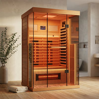 Full Spectrum Infrared Sauna，1-2 Person Home Sauna，Wooden Canadian Hemlock Indoor Spa Sauna with Resonance Speaker, Panoramic Tempered Glass Door — Studio Shot