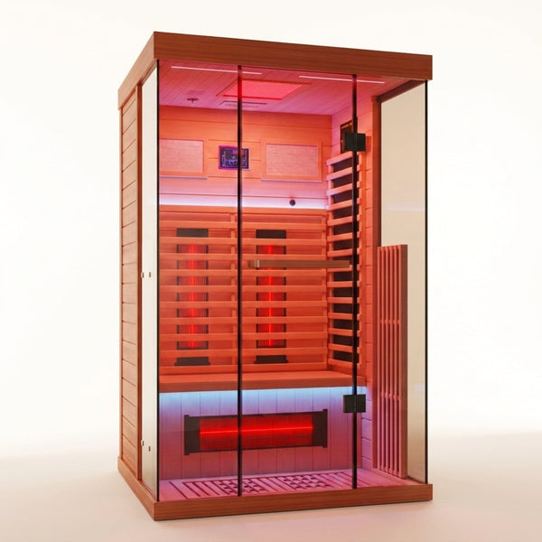 Full Spectrum Infrared Sauna，1-2 Person Home Sauna，Wooden Canadian Hemlock Indoor Spa Sauna with Resonance Speaker, Panoramic Tempered Glass Door — Studio Shot