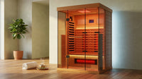 Full Spectrum Infrared Sauna，1-2 Person Home Sauna，Wooden Canadian Hemlock Indoor Spa Sauna with Resonance Speaker, Panoramic Tempered Glass Door — Lifestyle
