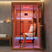 Full Spectrum Infrared Sauna，1-2 Person Home Sauna，Wooden Canadian Hemlock Indoor Spa Sauna with Resonance Speaker, Panoramic Tempered Glass Door — Lifestyle