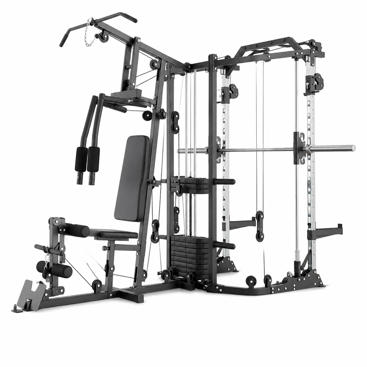 Smith Machine Power Cage, Multi-Function Home Gym System with Cable Crossover, 121LB Weight Stack