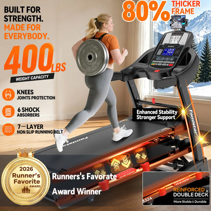12MPH Folding Treadmill with 20% Auto Incline, 300-400 LB Capacity, Treadmills for Home Running Walking, 5.1HP Brushless Motor, Foldable Electric Treadmill Running Machine with APP & Bluetooth