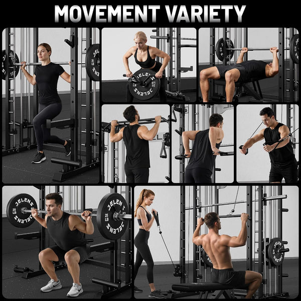 Smith Machine for Home Gym, Multi-Function M12 Power Cage with Cable Crossover System, Squat Rack with Smith Bar and More Attachment