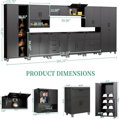 10-Piece Heavy Duty Steel Garage Cabinet System | All-In-One Modular Garage Cabinet Set for Ultimate Workshop Organization | Easy Assembly Garage Storage Cabinets & Tool Bench (Black)