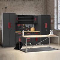 Garage Storage Cabinets System, 8-Pcs Workshop Cabinet Set in Black | Included Steel Cabinets Drawers Rolling Chest and Pegboard,Locked Garage Storage Cabinet