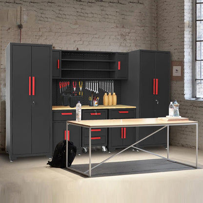 Garage Storage Cabinets System, 8-Pcs Workshop Cabinet Set in Black | Included Steel Cabinets Drawers Rolling Chest and Pegboard,Locked Garage Storage Cabinet