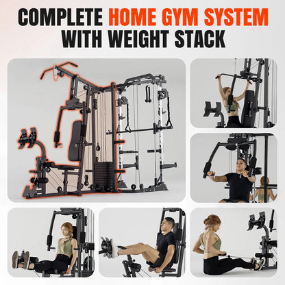 Smith Machine Power Cage, Multi-Function Home Gym System with Cable Crossover, 121LB Weight Stack