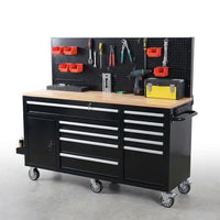 Heavy-Duty 62 In. W X 22 In. D 10-Drawer Black Tool Chest Mobile Workbench Cabinet with Pegboard Back Wall — Studio Shot