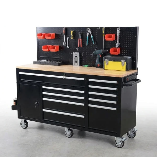 Mobile Workbench Built for Heavy-Duty Storage, 10 Drawers, Pegboard Back Wall, 2000 lb Capacity, Rubber Wood Top