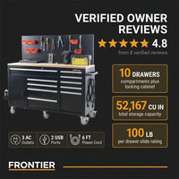 Heavy-Duty 62 In. W X 22 In. D 10-Drawer Black Tool Chest Mobile Workbench Cabinet with Pegboard Back Wall — Results & Stats