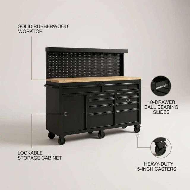 Heavy-Duty 62 In. W X 22 In. D 10-Drawer Black Tool Chest Mobile Workbench Cabinet with Pegboard Back Wall — Feature Infographic