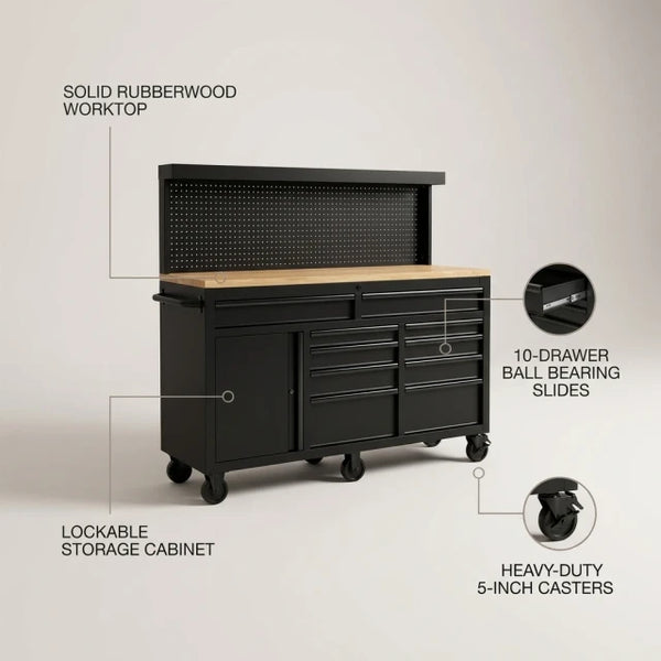 Heavy-Duty 62 In. W X 22 In. D 10-Drawer Black Tool Chest Mobile Workbench Cabinet with Pegboard Back Wall — Feature Infographic